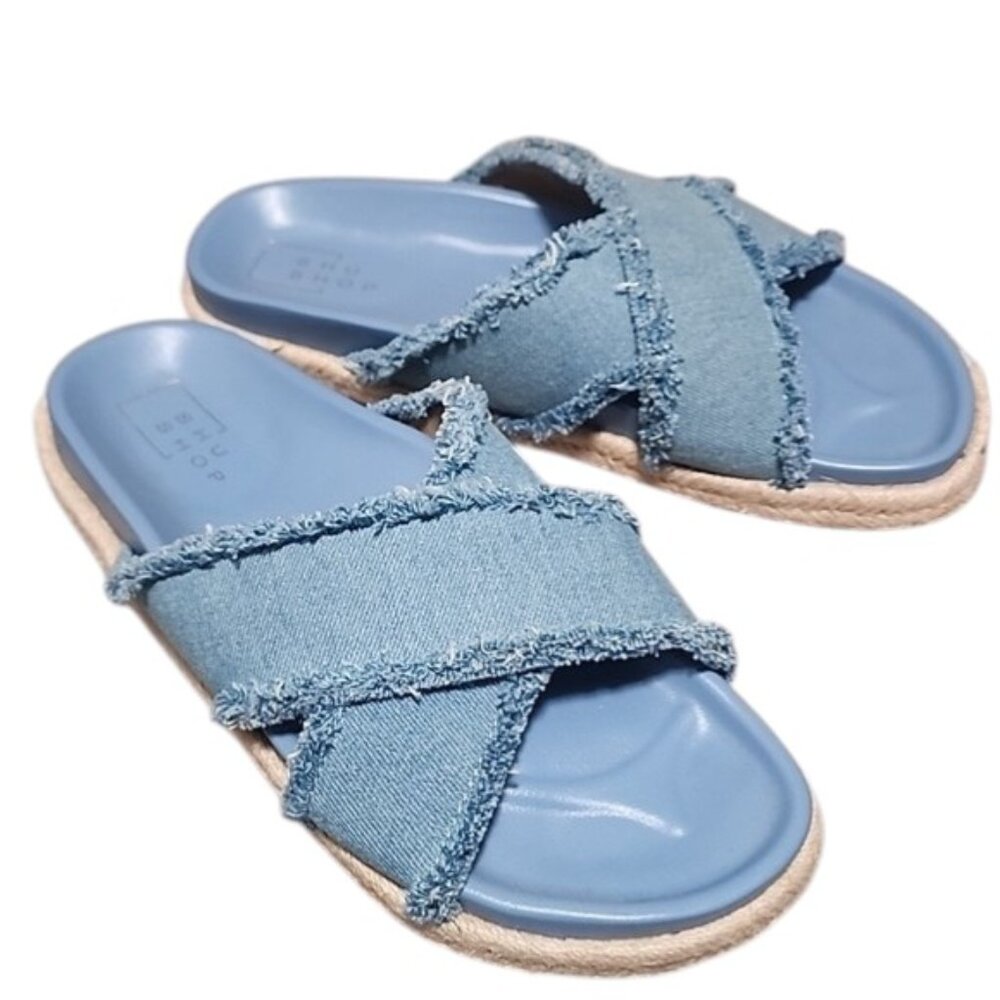 SHU SHOP Denim Blue Espadrille Slide Sandals 9 Frayed Criss Cross Straps Boho - Picture 9 of 14